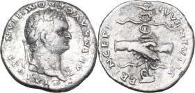 Domitian as Caesar (69-81). AR Denarius, Rome mint, 79 AD. Obv. CAESAR AVG F DOMITIANVS COS VI. Laureate head right. Rev. PRINCEPS IVVENTVTIS. Clasped...