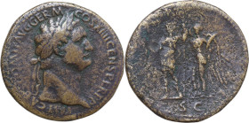 Domitian (81-96). AE Sestertius, 88-89. Obv. IMP CAES DOMIT AVG GERM COS XIIII CENS PER P P. Laureate head right. Rev. SC. Domitian standing left with...
