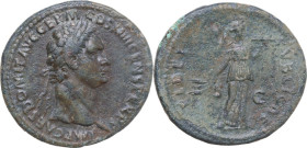 Domitian (81-96). AE As, Rome mint, 88-89. Obv. IMP CAES DOMIT AVG GERM COS XIIII CENS PER P P. Laureate head right. Rev. FIDEI PVBLICAE S C. Fides st...