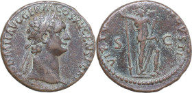 Domitian (81-96). AE As, Rome mint, 90-91. Obv. IMP CAES DOMIT AVG GERM COS XV CENS PER P P. Laureate head right. Rev. VIRTVTI AVGVSTI S C. Virtus sta...