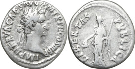 Nerva (96-98). AR Denarius, Rome mint, 97 AD. Obv. IMP NERVA CAES AVG P M TR P II COS III P P. Laureate head right. Rev. LIBERTAS PVBLICA. Libertas, d...