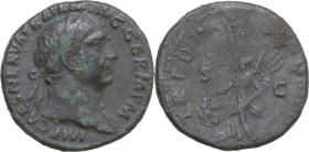 Trajan (98-117). AE As, Rome mint, 101-102. Obv. IMP CAES NERVA TRAIAN AVG GERM P M. Laureate head right, with slight drapery. Rev. TR POT COS IIII (?...