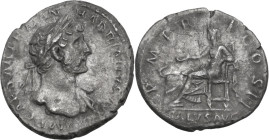 Hadrian (117-138). AR Denarius, Rome mint, 118 AD. Obv. IMP CAESAR TRAIAN HADRIANVS AVG.Laureate bust right, with bare chest, traces of drapery on far...