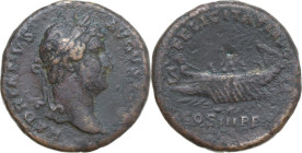 Hadrian (117-138). AE As. Rome mint, 129-130. Obv. HADRIANVS AVGVSTVS. Laureate head right. Rev. FELICITATI AVG / COS III P P (in exergue) S-C. Galley...