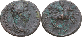 Hadrian (117-138). AE As, 129-130. Obv. HADRIANVS AVGVSTVS. Draped and cuirassed bust right. Rev. COS III PP / SC. Hadrian on horse prancing right, ho...