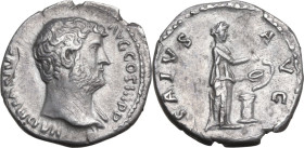 Hadrian (117-138). AR Denarius, 134-138. Obv. HADRIANVS AVG COS III PP. Bare headed bust right, with slight drapery on far shoulder. Rev. SALVS AVG. S...