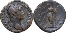 Hadrian (117-138). AE Sestertius, Rome mint, 136 AD. Obv. HADRIANVS AVG COS III P P. Laureate head right, drapery on far shoulder. Rev. FELICITAS AVG ...