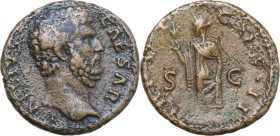 Aelius Caesar (136-138). AE As, 137 AD. Obv. L AELIVS CAESAR. Bare head right. Rev. TR POT COS II SC. Spes advancing left, holding flower and raising ...