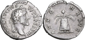 Antoninus Pius (138-161). AR Denarius, Rome mint, 140-143. Obv. ANTONINVS AVG PIVS P P TR P COS III. Laureate head right. Rev. ANNONA AVG. Modius with...