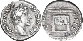 Antoninus Pius (138-161). AR Denarius, 145-161. Obv. ANTONINVS AVG PIVS PP. Laureate head right. Rev. COS IIII. Winged thunderbolt on pulvinar of Jupi...