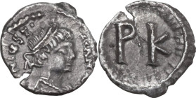 Justinian I (527-565). AR 120 Nummi, Rome mint. Obv. Diademed, draped and cuirassed bust right. Rev. Large PK (mark of value). MIB 76; D.O. 336; Sear ...