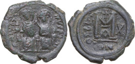 Justin II and Sophia (565-578). AE Follis, Constantinople mint, dated RY 10 (574-575). Obv. Justin, holding globus cruciger, and Sophia, holding scept...