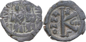 Justin II and Sophia (565-578). AE Half follis, Constantinople mint, dated RY 8 (572-573). Obv. Justin and Sophia enthroned facing, side-by-side. Rev....