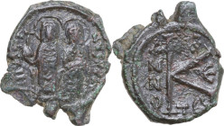 Justin II and Sophia (565-578). AE Half follis, Thessalonica mint, dated RY 5 (569-570). Obv. Justin and Sophia enthroned facing, side-by-side. Rev. L...