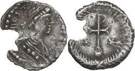 Justin II (565-578). AR Quarter siliqua (?), Ravenna mint. Obv. Diademed and draped bust right. Rev. Staurogramm on globe, flanked by stars; all withi...
