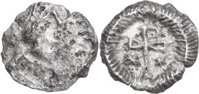 Justin II (565-578). AR Quarter siliqua (?), Ravenna mint. Obv. Diademed and draped bust right. Rev. Staurogramm on globe, flanked by stars; all withi...