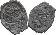Heraclius, with Heraclius Constantine (610-641). AE Follis, Syracuse mint. Countermarked on Follis of Heraclius and Heraclius Constantine, Constantino...