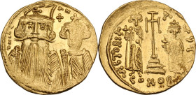 Constans II, with Constantine IV (654-668). AV Solidus. Constantinople mint, 9th officina. Struck circa 661-663. Obv. ∂N CT TI. Draped busts facing of...