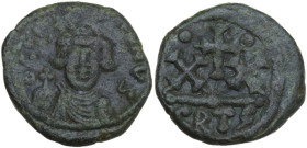 Constans II (641-668). AE Half follis, Carthage mint, 647-552. Obv. Crowned and draped bust facing, holding globus cruciger. Rev. Two X topped by pell...