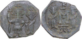 Constans II, with Constantine IV, Heraclius, and Tiberius (641-668). AE Follis. Syracuse mint. Struck 659-668. Obv. Crowned facing figures of Constans...