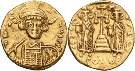 Constantine IV Pogonatus (668-685). AV Solidus. Constantinople mint, c. 674-681. Obv. dN CONST- ANYS PP. Helmeted and cuirassed bust three-quarter rig...
