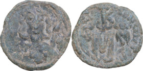Constantine IV, Pogonatus (668-685). AE Follis, Carthage mint. Obv. Helmeted and cuirassed bust facing, with short beard, holding spear and shield. Re...