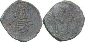 Constantine IV Pogonatus, with Heraclius and Tiberius (668-685). AE Follis, Syracuse mint, 674-681. Obv. Helmeted and cuirassed bust facing, holding s...