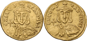 Leo III the 'Isaurian', with Constantine V (720-741). AV Solidus. Constantinople, AD 735-740. Obv. dN D LEON PA MЧLA. Crowned bust of Leo facing, wear...