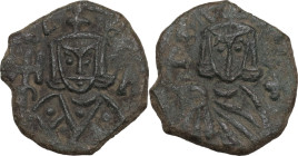 Leo V the Armenian, with Constantine (813-820). AE Follis, Syracuse mint, 815-817. Obv. Crowned facing bust of Leo, wearing loros, holding cross poten...