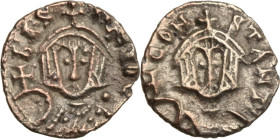 Basil I, the Macedonian (867-886), with Constantine (868-879). Debased Semissis (?), Syracuse mint. Obv. bASIΛEIOC. Bust facing, wearing crown and lor...