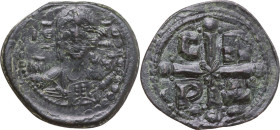 Romanus IV (1068-1071). AE Follis, Constantinople mint. Obv. Nimbate and draped bust of Christ facing, holding book. Rev. Cross; in the angles, C-R/P-...