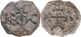 PB Seal, 7-12th century. Obv. Cruciform monogram. Rev. Cruciform monogram. PB. 6.86 g. 22 mm. VF.