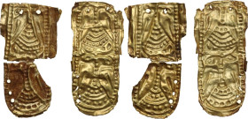 SCYTHIAN GOLD SHEETS Scythian culture, 1st millennium BC. Pair of gold foils decorated with embossed ornithomorphic and geometric motifs, probably per...