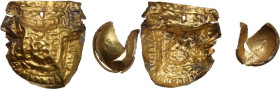 SCYTHIAN GOLD SHEET AND BULLA Scythian culture, 1st millennium BC. Gold sheet with embossed geometri motifs, probably pertaining to the decoration of ...