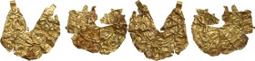 SCYTHIAN GOLD APPLIQUES Scythian culture, 1st millennium BC. Lot of two gold foil appiques of half-moon shape; one retains the two suspension rings. D...