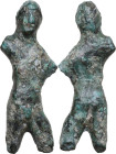 HERAKLES STATUETTE Greek world, c. 5th century BC. Bronze statuette of Herakles in attack position, right arm raised. Dimensions: 49 x 19 mm. Missings...