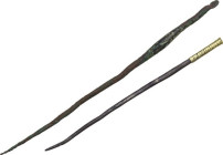 TWO ANCIENT PINS Ancient world, c. 5th century BC - 5th century AD. Lot of two ancient pins; one in bronze with a sort of small spatula and the other ...