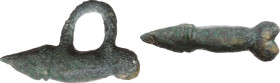 ROMAN PHALLIC AMULET Roman period, c. 1st - 2nd century AD. Cast bronze pendant in the form of male genitals with realistic rendered details, surmount...