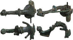 TWO ROMAN TRUMPET FIBULAE Roman period, mid 1st - 2nd century AD. Lot of two roman trumpet shaped fibulae, decorated with knobs. Lenghts: 44 and 42 mm...