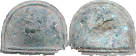 ROMAN BRONZE PLAQUE Roman period, c. 1st - 3rd century AD. Laminated Roman bronze plaque of half-moon shape. In the central part is an embossed depict...