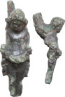 ROMAN BRONZE STATUETTE Roman period, c. 1st - 3rd century AD. Statuette of naked Eros or Priapos, part of a bronze handle. Height: 41 mm. Fascinating ...