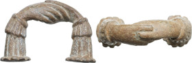 IMPORTANT BRONZE HANDLE Uncertain period, Roman or Medieval (?). Large bronze handle, probably pertaining to a piece of furniture, conformed into two ...