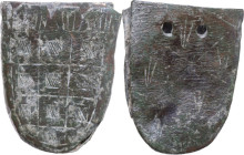 BRONZE BELT TERMINAL Medieval period, c. 7th to 14th century AD. Bronze belt terminal, decorated with square and panel engravings. The two holes on th...