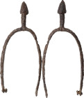 MEDIEVAL IRON SPUR Medieval period, c. 10th-14th century AD. Medieval iron spur with a straight profile and cone-shaped rear part. Dimensions: 154x66 ...