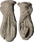PILGRIM'S FLASK Medieval period, c. 12th - 15th century AD. Lead Holy Water pilgrim's flask. Dimensions: 48 x 20 mm. PB. Damages.