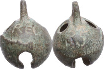 MEDIEVAL CROTAL BELL Medieval period, c. 12th-15th century AD. Bronze crotal bell with interesting letters engraved on both sides: REC and RS. Weight:...