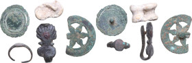 FIVE ANCIENT ITEMS From Roman to Byzantine period, c. 1st - 7th century AD. Lot made of five ancient items, including a ring with monogram on the beze...