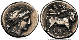 CAMPANIA. Neapolis. Late 4th century BC. AR didrachm (19mm, 5h). NGC VF, polished. Ca. 320-300 BC. Head of nymph right, wearing broad headband, triple...