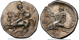CALABRIA. Tarentum. Ca. 302-280 BC. AR didrachm (22mm, 7.87 gm, 1h). NGC Choice XF 4/5 - 5/5, die shift. Nicon, Ey-, and Ari-, magistrates. Nude warri...