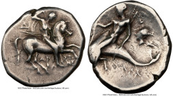 CALABRIA. Tarentum. Ca. 281-240 BC. AR stater or didrachm (21mm, 4h). NGC Choice Fine. Aristocles and Di-, magistrates. Warrior on horseback charging ...